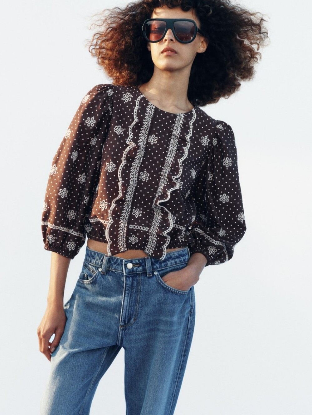 NWT ZARA Embroidered Floral Polka Dot Blouse Brown